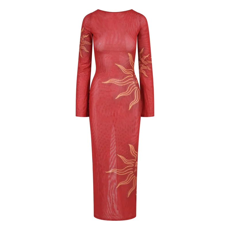 Scorpio Rizing  Celeste Cherry Red Double Layered Sculpting Mesh Maxi Dress for Women | Best Price UAE